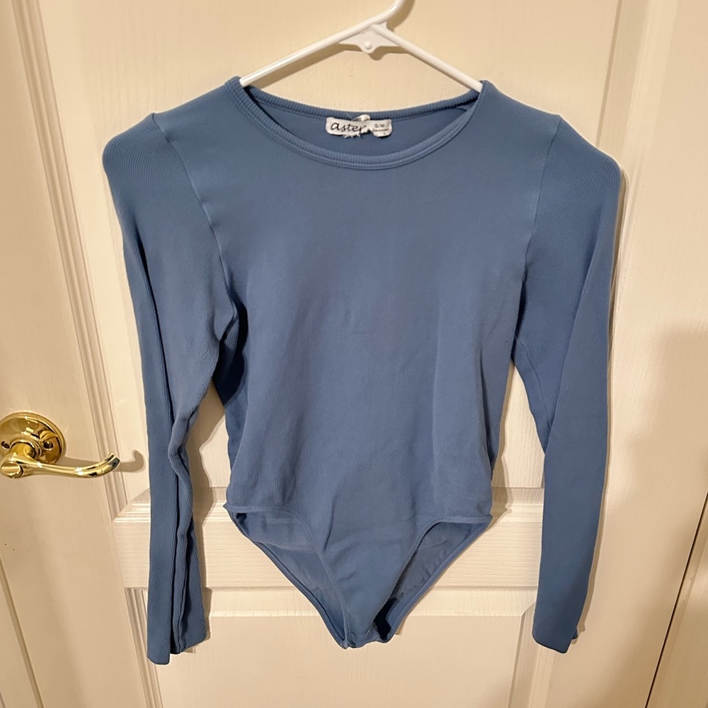 BLUE RIBBED BODY SUIT LONG SLEEVE (S/M) (WOMENS)